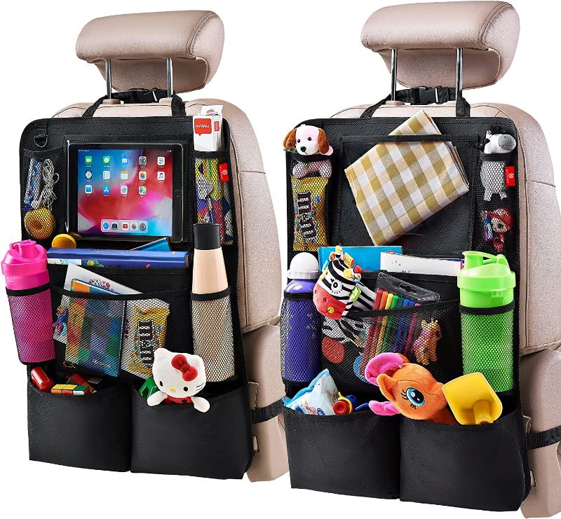 Photo 1 of H Helteko Backseat Car Organizer, Kick Mats Back Seat Protector with Touch Screen Tablet Holder, Car Back Seat Organizer for Kids, Car Travel Accessories, Kick Mat with 9 Storage Pockets 2 Pack