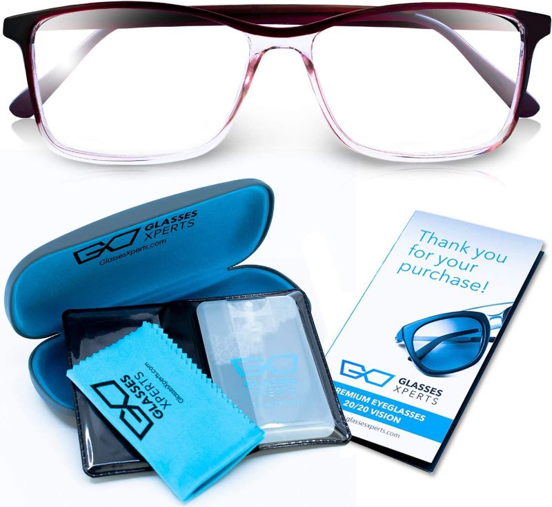 Photo 1 of Blue Light Blocking Glasses for Computer - UV Filter Lenses with Cleaning Spray, Cloth, Case - Non-Prescription - for Work, Gaming, Reading - Protect from Eye Strain, Dry Eyes - for Men, Women - Wine
