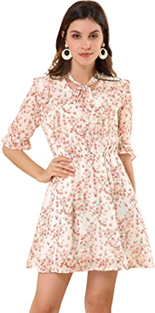 Photo 1 of Allegra K Women's Floral Ruffled Front V Neck Elbow Sleeve Elastic Waist Flowy Bow Tie Dress
S