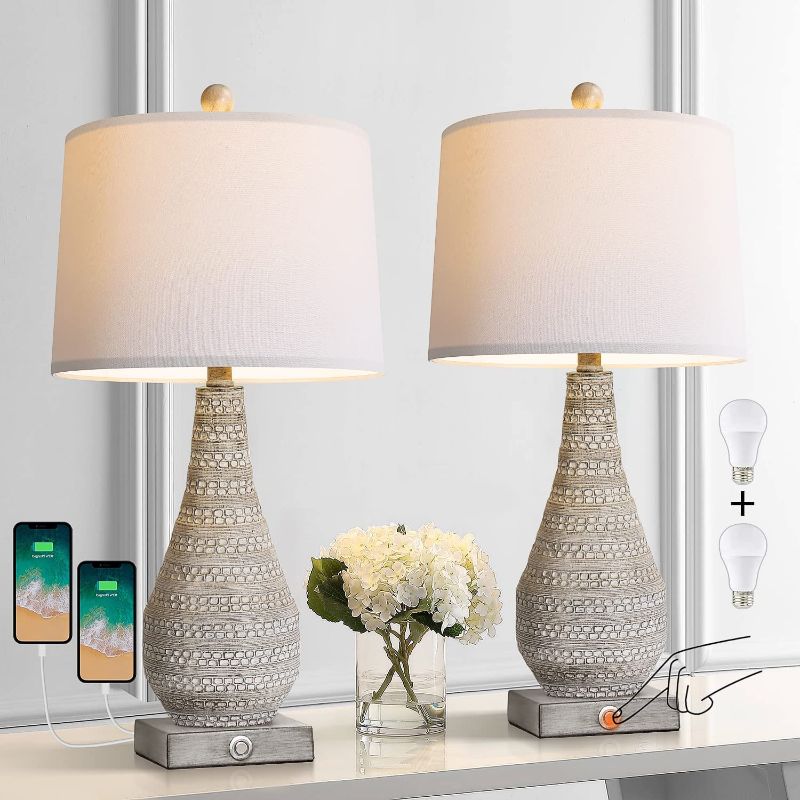 Photo 1 of BOBOMOMO 3-Way 24.5’’ Dimmable Touch Control Table Lamp Set of 2 with Dual USB Charging Ports for Bedroom Living Room Farmhouse Traditional Bedside Lamps Rustic Nightstand Lamps (Bulbs Included)
