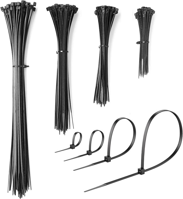 Photo 1 of 2  PK Black Zip Ties Assorted Sizes, Capshi 200Pcs Nylon Cable Ties 4+6+8+12 Inch Self-Locking Wire Management Tie Wraps with 40LBS Tensile Strength Plastic Zipties for Home, Office, Garden and Workshop
