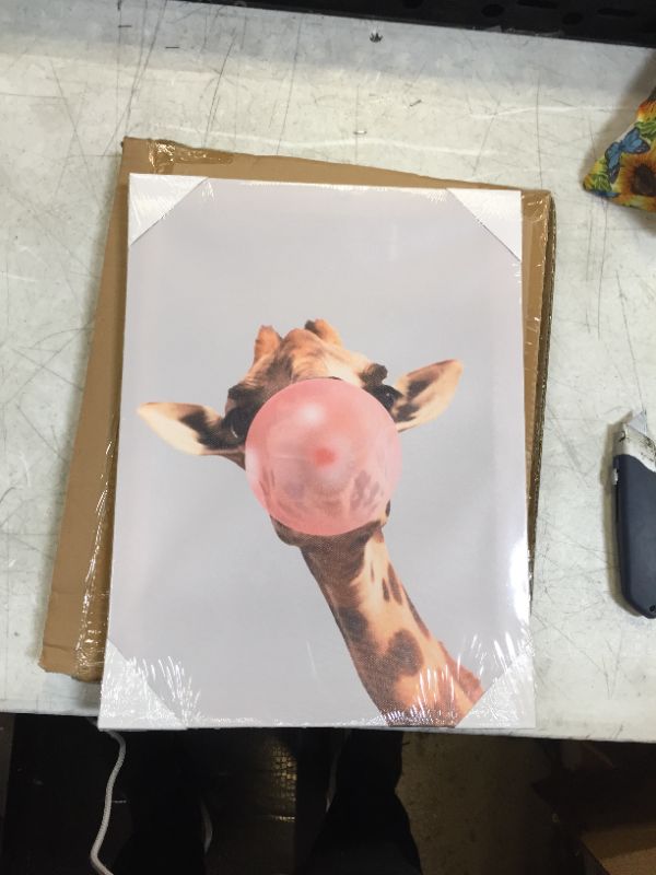 Photo 2 of Animal Canvas Wall Art Cute Giraffe Pink Bubble Gum Modern Art Home Decor Print Watercolor Wall Bathroom Nursery Kids Room Home Decor 12 " x 16 "
