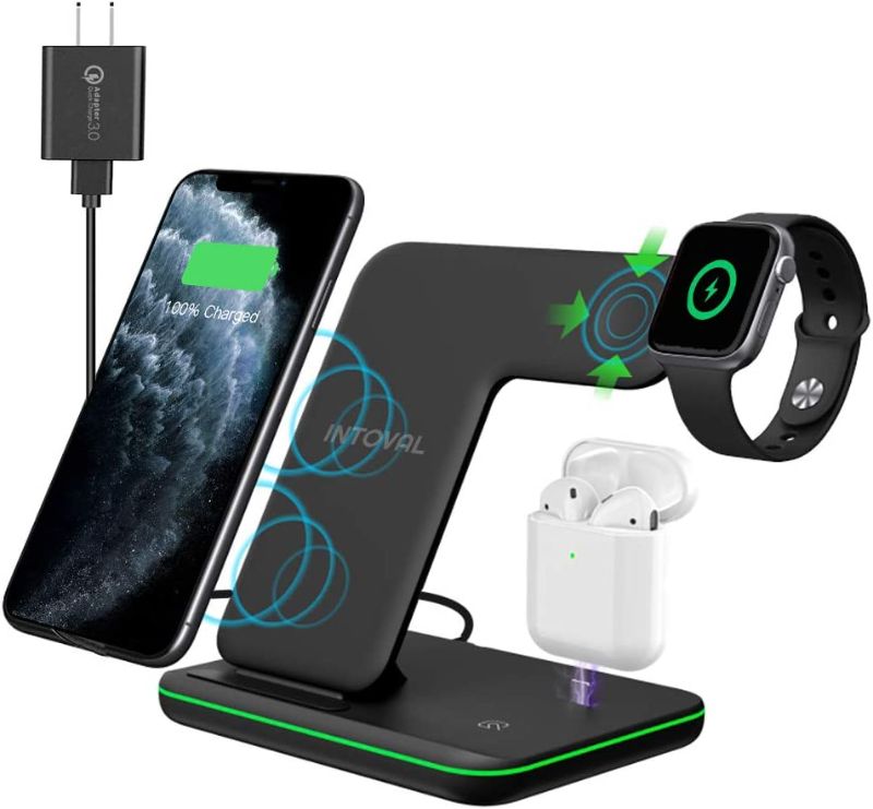 Photo 1 of Intoval Wireless Charger, 3 in 1 Charger for iPhone/iWatch/Airpods, Qi-Certified Charging Station for iPhone 13/12/11/Pro/Max/XS/Max/XR/XS/X, iWatch 7/6/SE/5/4/3/2, Airpods Pro/3/2/1 (Z5,Black)
