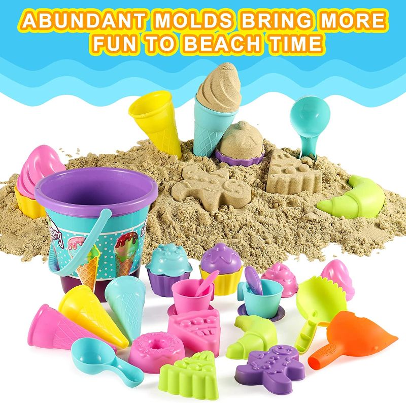 Photo 1 of  Ice Cream Sand Toys for Beach, 34 PCS Kids Beach Toys Set with Bucket and Mesh Bag Includes Pretend Food Sand Molds, Spade and Ice Cream Rack, Sandbox Toys for Toddlers Girls Boys Ages 3+  -- FACTORY SEALED --
