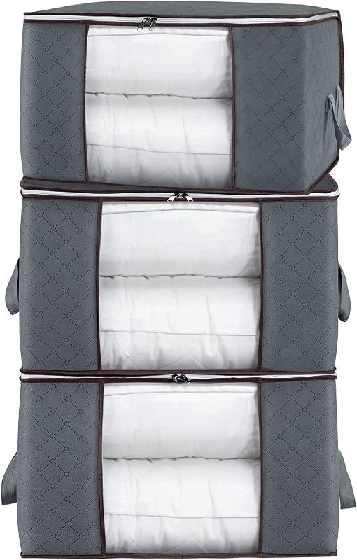 Photo 1 of  3-Pieces Large Clothes Storage Bag Organizer with Reinforced Handle for Comforters, Blankets, Bedding, Collapsible Under Bed Storage (Grey)
