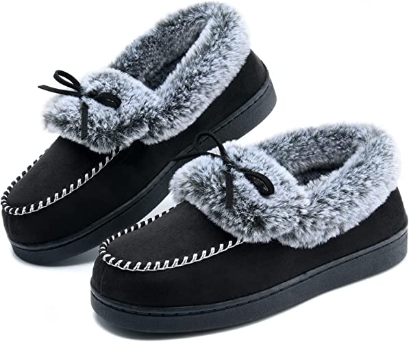 Photo 1 of Womens Fuzzy Warm Moccasin Slippers Memory Foam, Soft Fluffy Women's Winter House Slippers Closed Back Fur Lined, Cozy Ladies Suede Indoor Bedroom Slippers Houseshoes Non-Slip SIZE 6