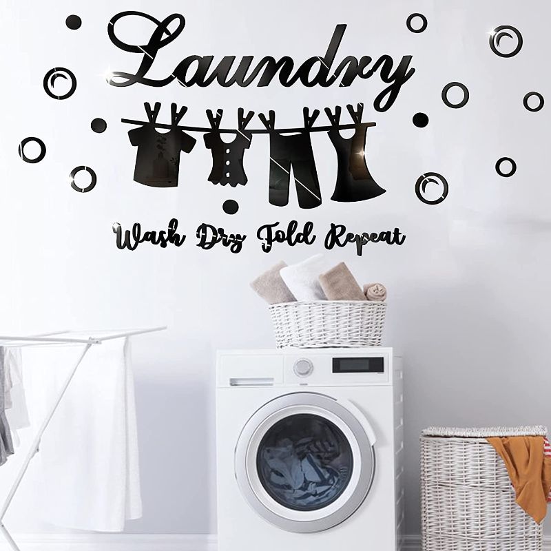 Photo 1 of 3D Acrylic Laundry Wash Dry Fold Repeat Mirror Wall Stickers, DIY Mirror Surface Laundry Letters Quotes Sign with Bubbles Decorative Mirror Wall Decor Mural for Wash Room Home Decorations(Black) -- FACTORY SEALED --
