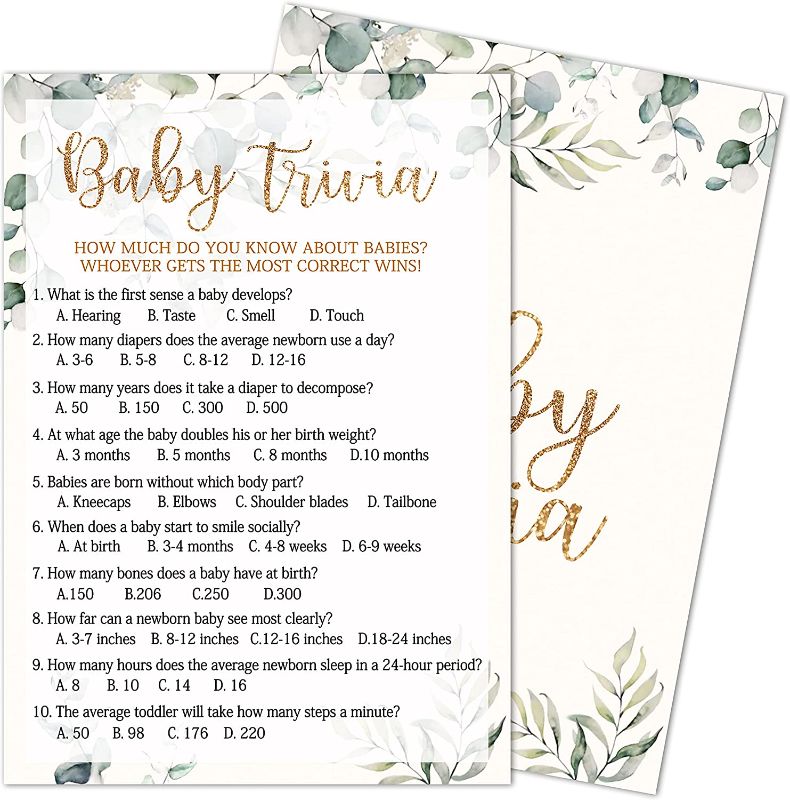 Photo 1 of Baby Trivia Baby Shower Game, Gender Reveal Party Supplies, Greenery Gender Neutral Party Decorations,– 30 Game Cards 1 Answer Card. (bb005-yx02)
