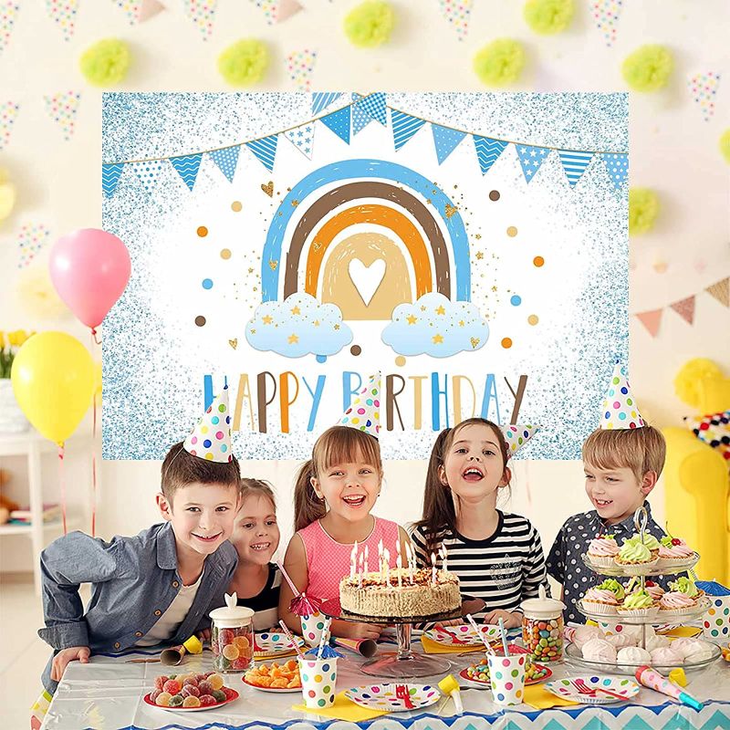Photo 1 of Allenjoy Boho Rainbow Blue Birthday Backdrop 72'' x 48'' Bohemian Baby Boy Photography Background Decorations Half Way to Birthday Party Supplies First Bday Photoshoot Wall Decor Photo Booth Props
