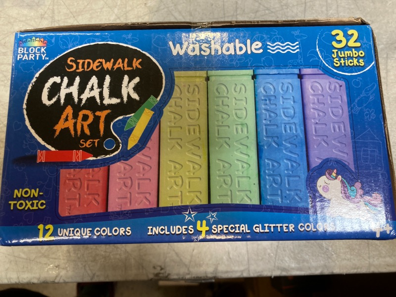 Photo 2 of Block Party Sidewalk Chalk 32-Piece Art Set - BIG BOLD Colors Includes 4 Glitter Chalk That Sparkle, Square Non-Roll Kids Chalk, Washable -- FACTORY SEALED --
