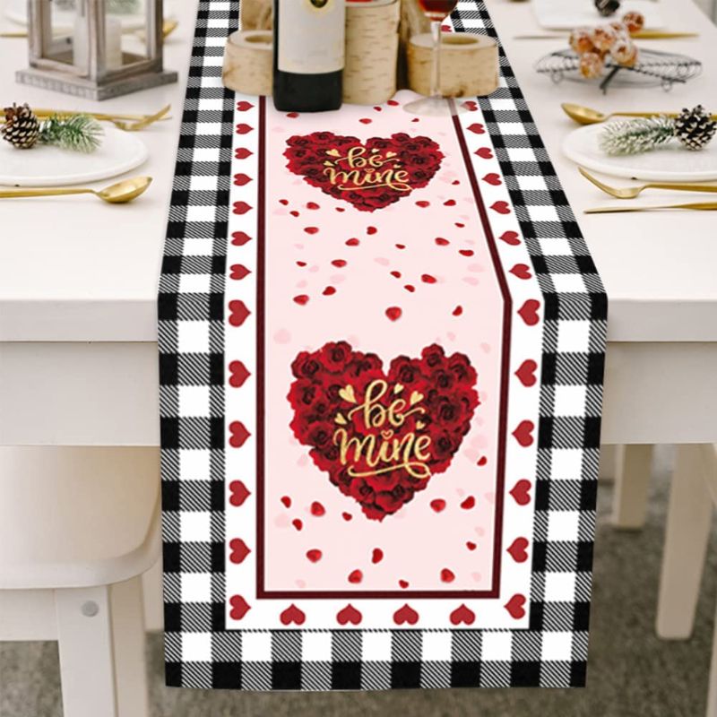 Photo 1 of  Thanksgiving & Mother's Day & Valentine's Day Tablecloth Watercolor Lattice Love Kitchen Table Decoration Outdoor Indoor Home Party (Black Frame Love 13"×108")
