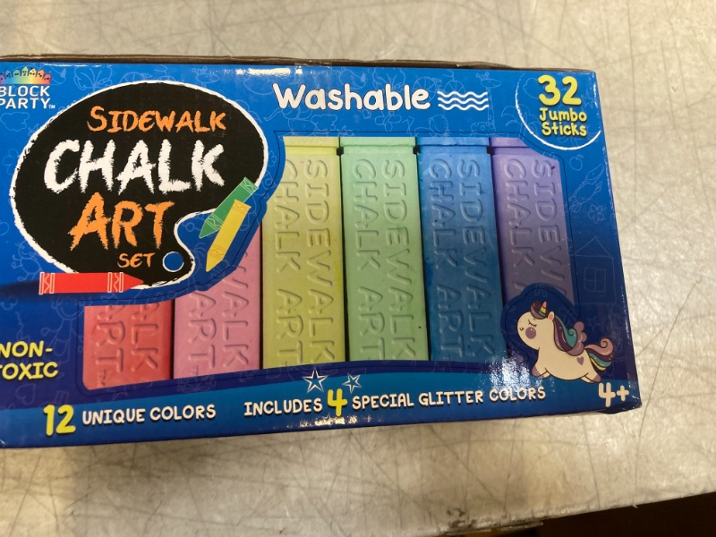 Photo 1 of Block Party Sidewalk Chalk 32-Piece Art Set - BIG BOLD Colors Includes 4 Glitter Chalk That Sparkle, Square Non-Roll Kids Chalk, Washable   -- FACTORY SEALED --

