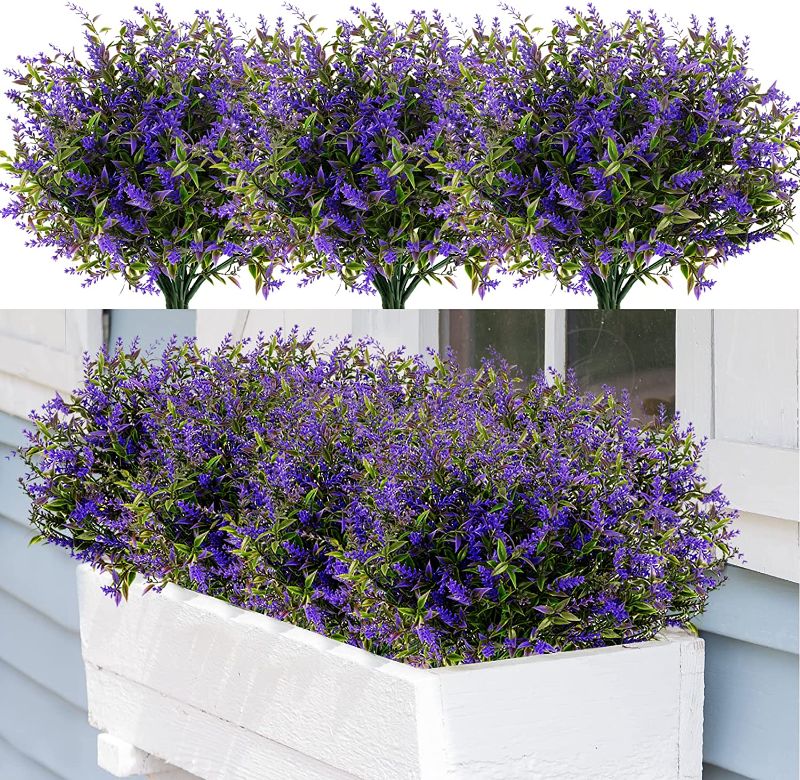 Photo 1 of 9 Bundles Artificial Flowers Outdoor Fake Lavender UV Resistant Plants Faux Plastic Purple Flowers for Home Window Box Indoor Outdoor Decor
