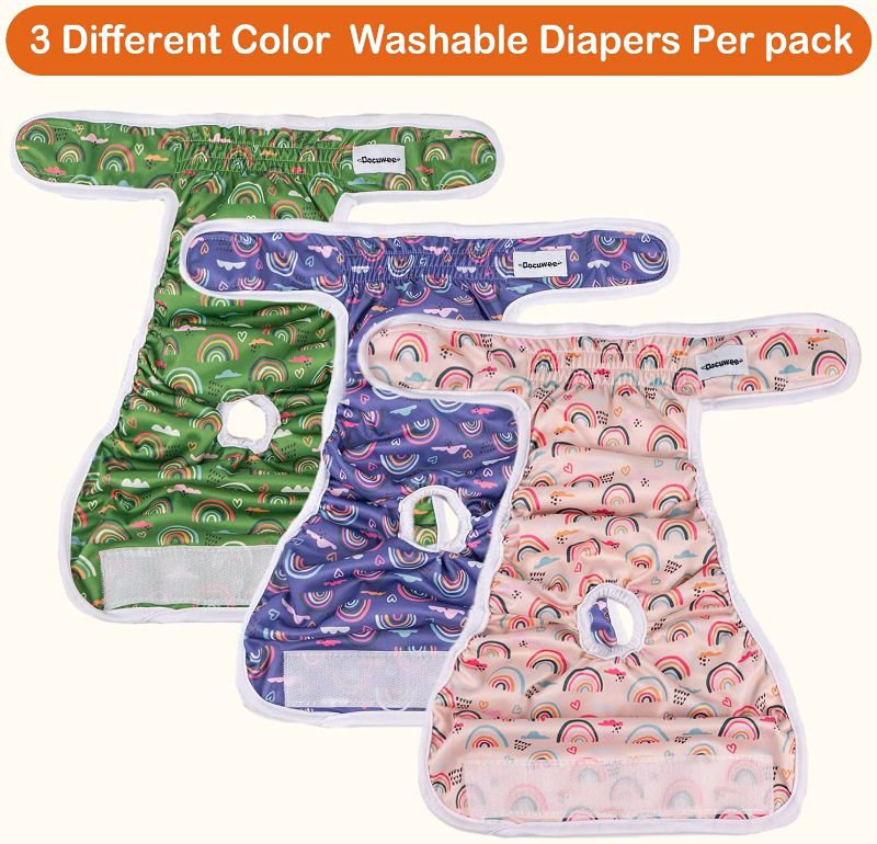 Photo 1 of  Female Washable Dog Diapers (3 Pack), Reusable Puppy Absorbent Diapers Wrap for Doggie Heat Period, Puppies, Small and Medium Female Sized Dogs Incontinence, Menstrual Care, XS-L
