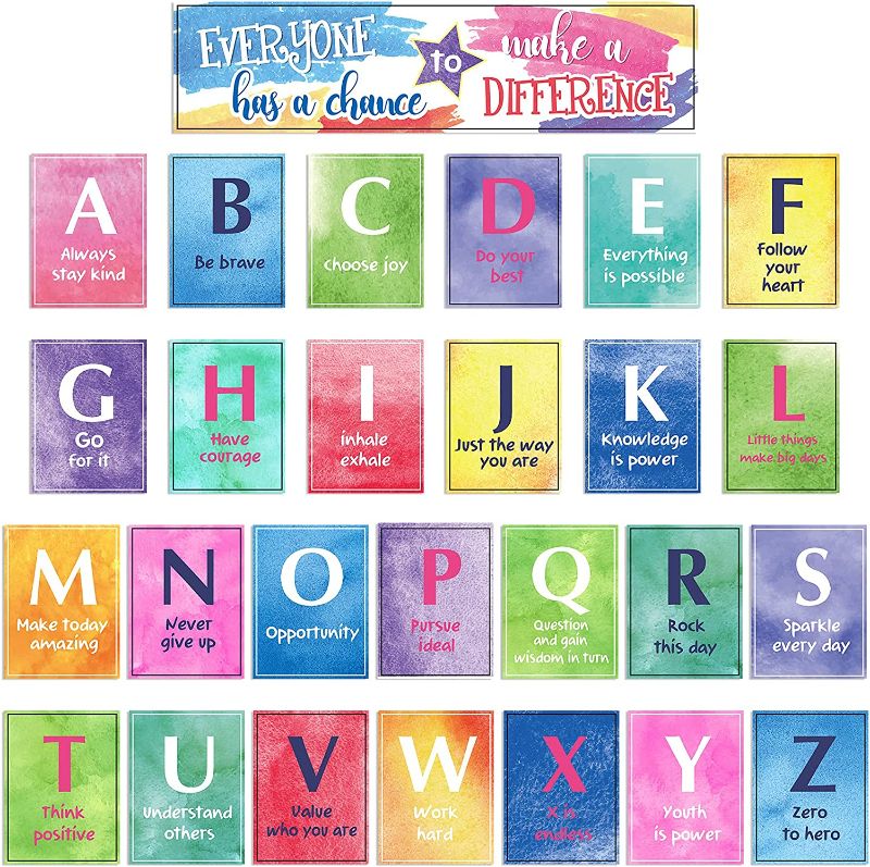 Photo 1 of Alphabet Bulletin Board Set Manuscript Bulletin Board Watercolor Decorations Growth Mindset Posters Alphabet Inspirational Posters Set for Pre-School Classroom Playroom Nursery Room 6 x 8 Inch
