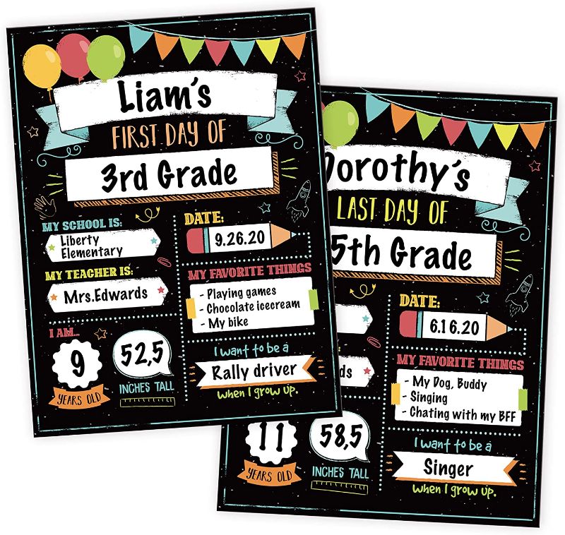 Photo 1 of Beautiful First and Last Day of School Board Signs Set of 12 - Reversible 12" x 9" Back to School Cards for Lasting Memories - Perfect Photo Prop Chalkboard Prints for Kindergarten and School
