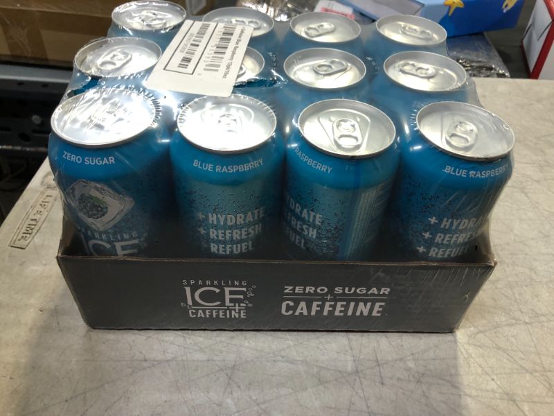 Photo 2 of Sparkling Ice +Caffeine Blue Raspberry Sparkling Water, with Antioxidants and Vitamins, Zero Sugar, 16 fl oz Cans (Count Of 12) - Perfect For Summer and Parties (Pack of 1) EXP 06/20/2023
