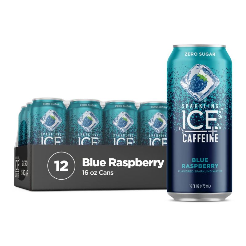 Photo 1 of Sparkling Ice +Caffeine Blue Raspberry Sparkling Water, with Antioxidants and Vitamins, Zero Sugar, 16 fl oz Cans (Count Of 12) - Perfect For Summer and Parties (Pack of 1) EXP 06/20/2023
