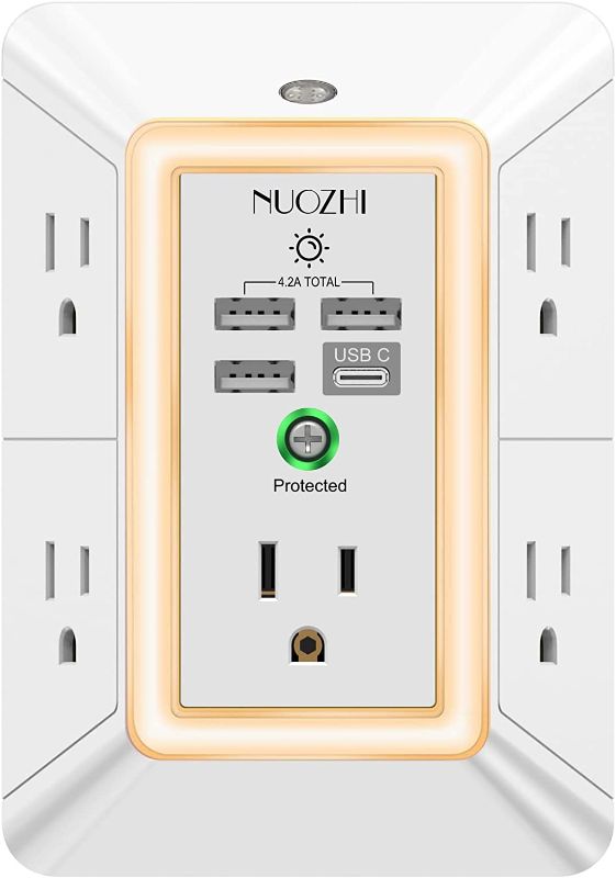 Photo 1 of USB Wall Charger,Power Strip with Night Light, NUOZHI 5 Outlet Extender Surge Protector with 4 USB Ports(4.2A Total),3-Sided 1680 Joules Multi Plug Outlet with Spaced Outlets,- White?ETL Listed
