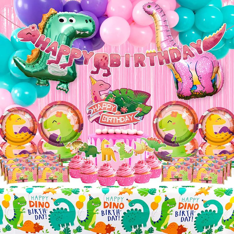 Photo 1 of 156 Pcs Dinosaur Party Supplies,Dino Birthday Party Decorations Set for Girls include Dinosaurs Balloons Set,Happy Birthday Banner,Plates,Utensils,Tablecloth,Cake Toppers,Chocolate Stickers,Pink Foil Curtain,Perfect For Your Kid's Party
