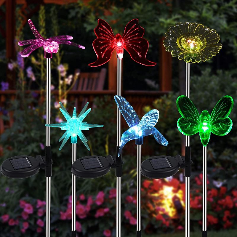 Photo 1 of  6 Pack Solar Garden Stake Lights Outdoor, Solar Butterfly Figurine Lights, Multi-Color Changing LED Landscape Lighting, Sparkling Star Flower Hummingbird Dragonfly Bee for Patio Yard Pathway