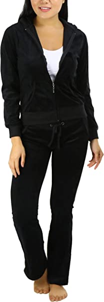 Photo 1 of  Women's Velour Tracksuit Zip-Up Hooded Jacket and Matching Pants SIZE L BLACK