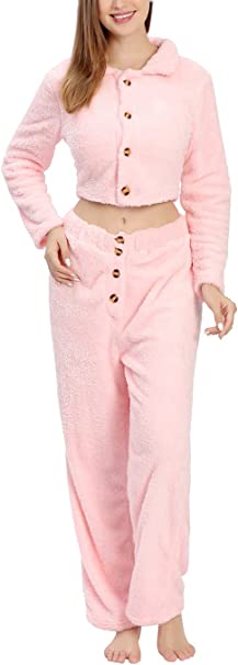 Photo 1 of 
Womens 2 Piece Fuzzy Fleece Outfits Pajamas, Winter Warm Sherpa Sleepwear Button Down Crop Top and Pants Lounge Set
SIZE XXL