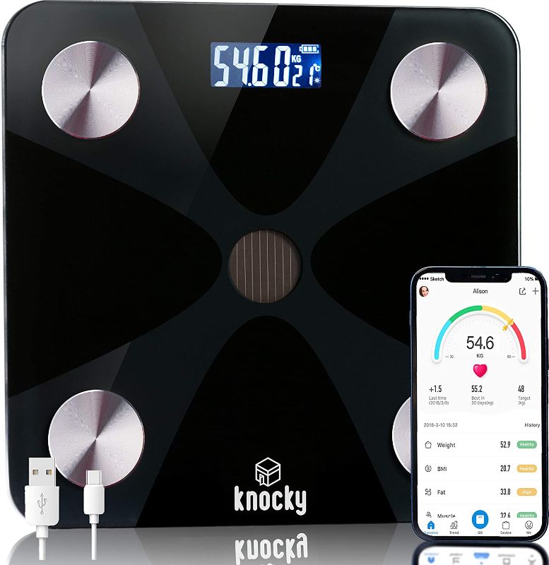 Photo 1 of KNOCKY, Scale for Body Weight and BMI, Digital Bathroom Scale, Body Fat Scale, Body Composition Analyzer, Battery-Free, Bluetooth, 396 lb, Black
