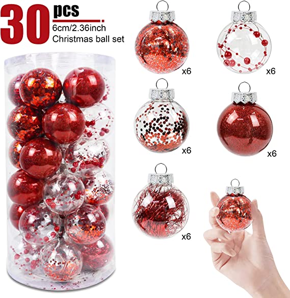 Photo 3 of 60mm/2.36" Christmas Ball Ornaments, 30PCS Shatterproof Decorative Hanging Ball Ornament with Stuffed Delicate Decorations, Xmas Tree Balls for Halloween Holiday Party Thankgiving (Red)