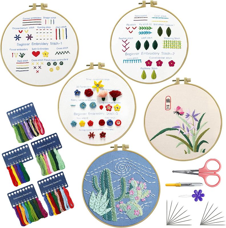 Photo 1 of 5 Sets Embroidery Kit, Cross Stitch Kits, Embroidery Starter Kit, Embroidery Kit for Beginners, Include Embroidery Clothes with Patterns, Embroidery Hoops, Instruction, Color Threads Needle Kit
