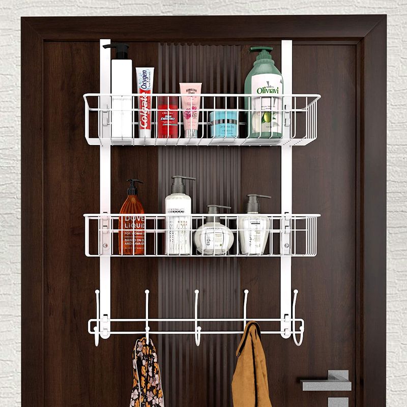 Photo 1 of  Over The Door Hooks Organizer Hanger, Door Towel Rack 5 Hooks with 2 Mesh Basket Behind Door Hooks Shelf, Back of Door Storage Organizer for Barthroom Kitchen Hanging Towel Clothes (White)
