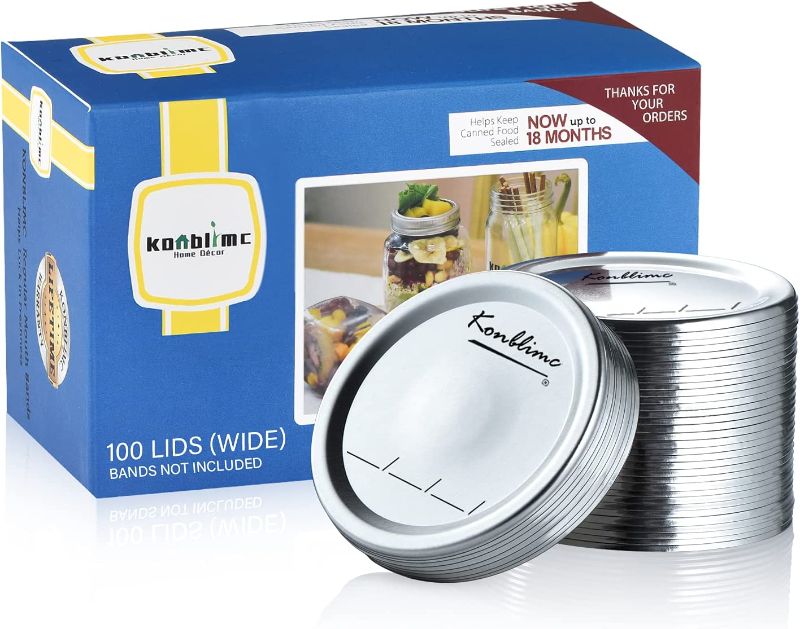 Photo 1 of 100-Count Canning Lids Wide Mouth Canning Lids for Ball Kerr Jars Split-Type Metal Mason Jar Lids and Secure Canning Jar Lids, 100% Fit for Wide Mouth Jars Lids(100-Count, 86mm)
