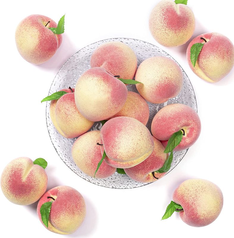 Photo 1 of  Artificial Fruit Peach, 12PCS Fake Peaches Lifelike Pink Peach with Green Leaves Simulation Peach for Photo Props Kitchen Decor Food
