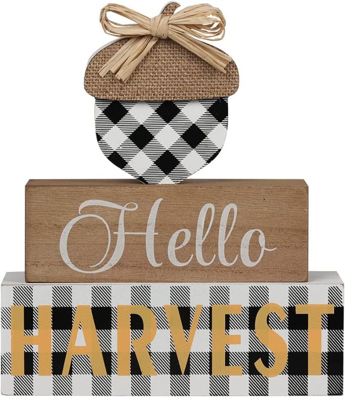 Photo 1 of  Thanksgiving Decorations for Home, Large Size 3-Layered Wood Block with Acorn Element and Hello Harvest Lettered for Fall Decor, Thanksgiving Decor for Tables, Tiered Tray, Mantel, Room  -- FACTORY SEALED --
