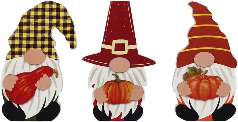 Photo 1 of  Thanksgiving Decorations for Home, Large Size 3 Pack Gnomes Wood Sign with Pumpkin Element for Fall Decor, Decorative Wooden Block Set Thanksgiving Decor for Tables, Tiered Tray, Mantel -- FACTORY SEALED --
