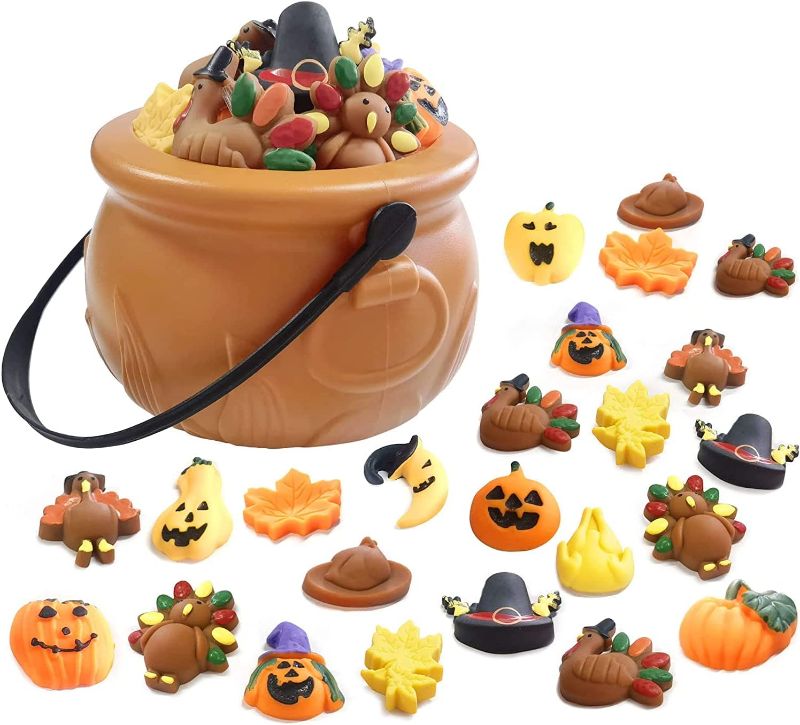 Photo 1 of 5.5" Fall Decor Cauldron with 24 Pcs Squshies ,Mini Kawaii Mochi Squishy Toy Stress Reliever Anxiety Packs for Kid Party Favors,Thanksgiving Day Decration (Thanksgiving Day)  -- FACTORY SEALED --
