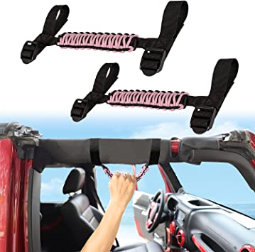 Photo 1 of Bonbo 2PCS Upgrade Premium Paracord Roll Bar Grab Handles Grip Handle for 1955-2022 Jeep Wrangler YJ TJ JK JKU JL JLU & Gladiator JT Sports Sahara Freedom Rubicon Unlimited UTV ATV (Pink)
