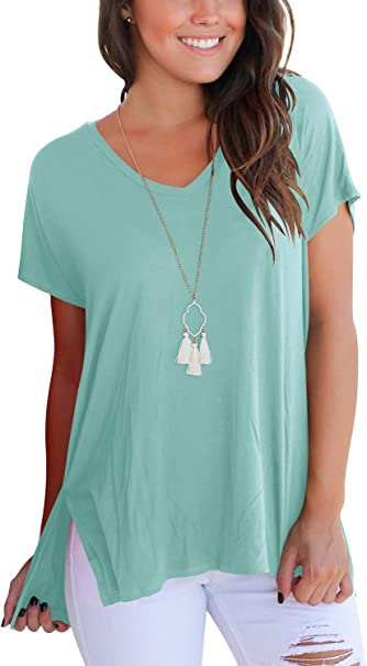 Photo 1 of FAVALIVE Womens Short Sleeve T Shirt V Neck Loose High Low Tee Shirts - SIZE: M
