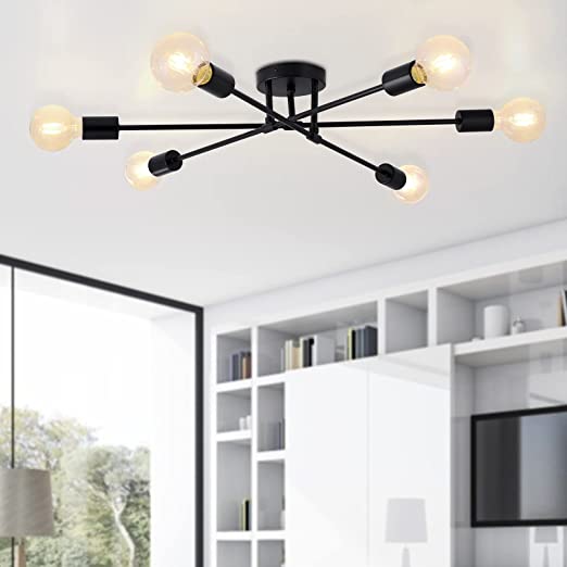 Photo 1 of BRKNIT 6-Light Sputnik Chandeliers, Black Modern Semi Flush Mount Ceiling Light with E26 Base, Mid Century Industrial Vintage Kitchen Farmhouse Light Fixtures for Dining Room Bedroom Living Room
