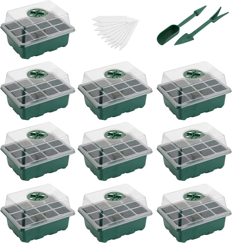 Photo 1 of Ahomdoo 10 Pack Seed Starter Tray, Humidity Adjustable Plant Germination Trays with 120 Cells, Seed Starting Trays and Base Mini Greenhouse Germination Kit for Seeds
, FACTORY SEALED 