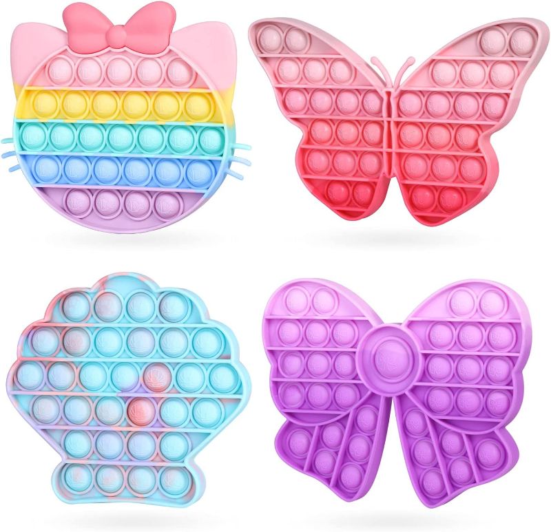 Photo 1 of Asona 4 Pack Pop Push Bubble Fidget Toys, Girls Anxiety Reliever Popping Sensory Toy for Kids Car Plane, Butterfly Cat Bow Seashell (Pink Butterfly+Rainbow Kitten Cat+Purple Bow+Seashell)