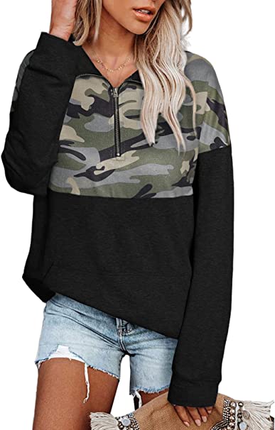 Photo 1 of Aleumdr Women Casual Long Sleeve 1/4 Zipper Color Block Sweatshirts Stand Collar Pullover Tunic Tops with Pockets -XL
