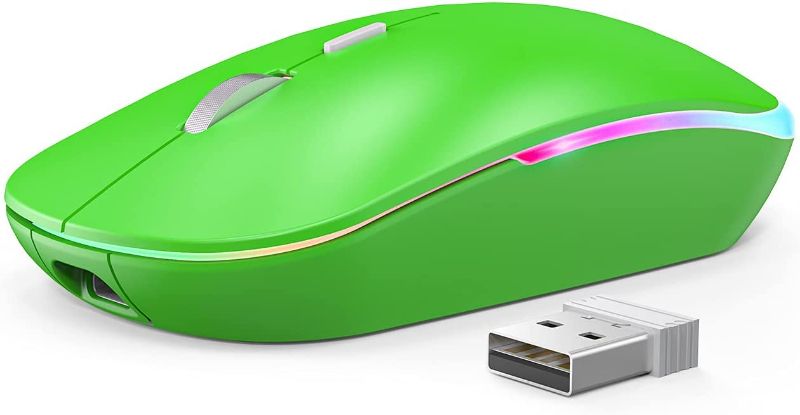 Photo 1 of RGB Wireless Mouse, WisFox 2.4G Rechargeable Silent Wireless Bluetooth Mouse, 3 Modes (Bluetooth 5.0/3.0 + USB), LED Ergonomic Mouse for Laptop Desktop Windows Mac iPad (Light Green)
