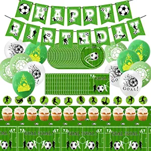 Photo 1 of Word Cup Soccer Birthday Party Supplies for 20 Guests - Soccer Plates Napkins, Happy Birthday Banner, Table Cover, Goal Balloons, Cupcake Toppers for Boys Teens Adults Soccer Party Decoration
