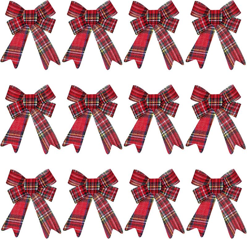 Photo 1 of 12 Pcs Red Buffalo Plaid Bows Christmas Bows for Wreaths Plastic Bows for Christmas Tree Garland Indoor and Outdoor Decorations(5 x 8 inch)
