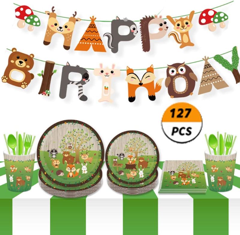 Photo 1 of Woodland Animals Party Supplies,Woodland Creatures Party Supplies,Camping Decorations -Serves 8(127Pcs)
