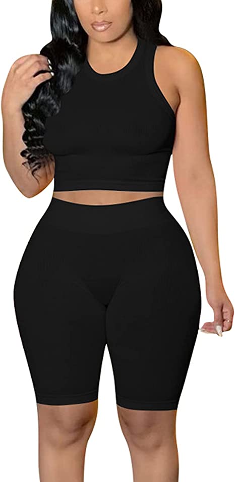 Photo 1 of Halfword Sexy 2 Piece Workout Sets for Women Crop Top High Waist Club Outfits Jumpsuit Ribbed Yoga Biker Shorts Set XXL
