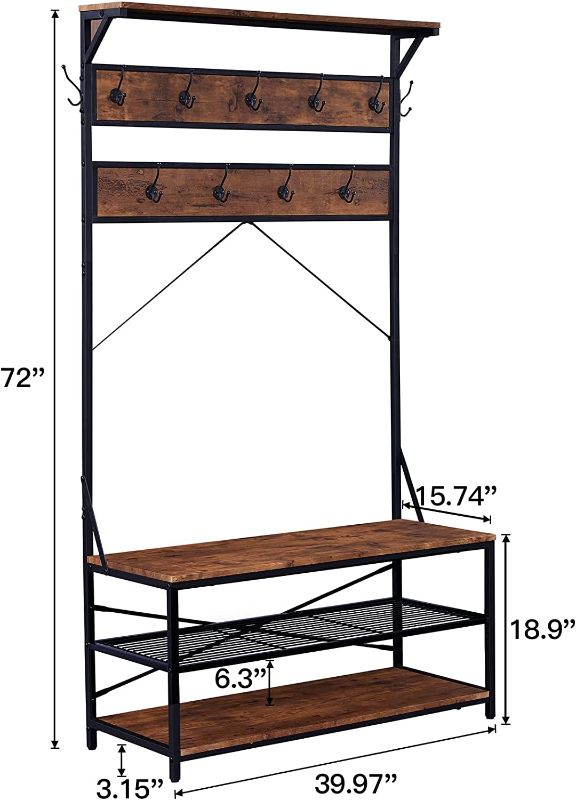 Photo 1 of 3-in-1 Entryway Coat Rack,Vintage Industrial Hall Tree 72 Inch with Storage Bench and Coat Racks Entryway Storage Shelf Organizer with 9 Hooks? Large Size, Wood Look Accent Furniture with Metal Frame
