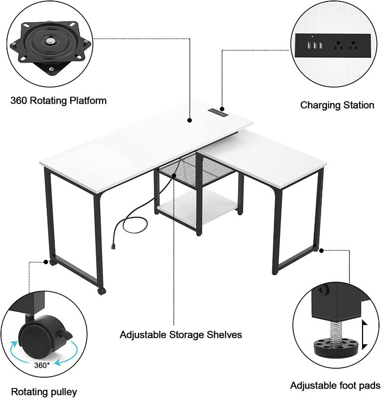 Photo 1 of Armocity 360° Rotating Desk with Outlets and USB Ports, Reversible L-Shaped Desk, Modern Corner Computer Desk with Adjustable Storage Shelves, 71 Inch Large Computer Desk for Workstation, White
