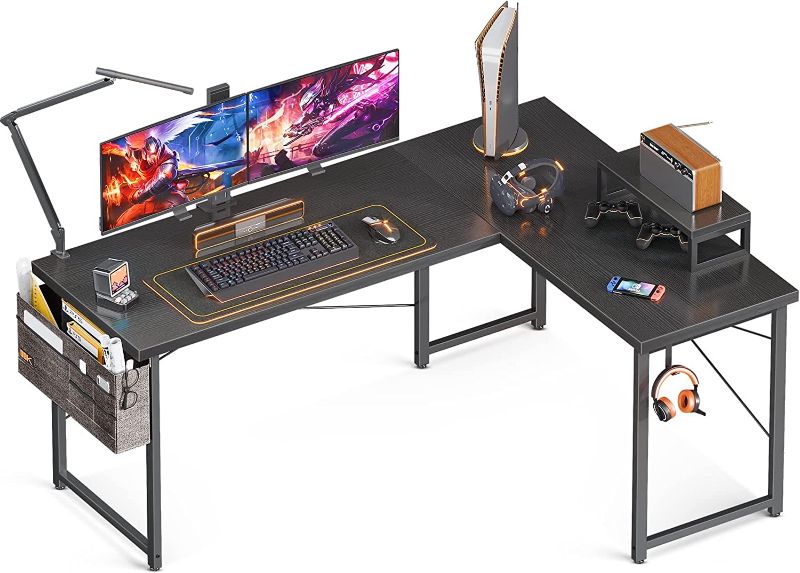 Photo 1 of ODK 66" L Shaped Desk Computer Desk with Storage Shelves & PC Stand, Gaming Desk with Monitor Stand, Home Office Writing Desk, Modern Larger Wooden Desk, Black